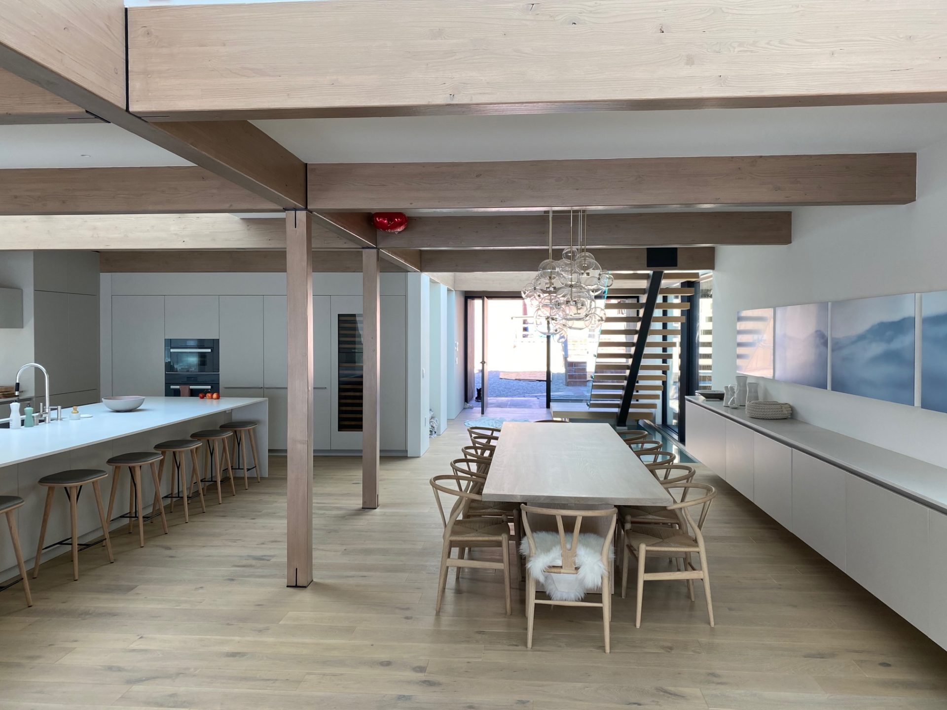 Dining room that is heated and cooled via a radiant ceiling.